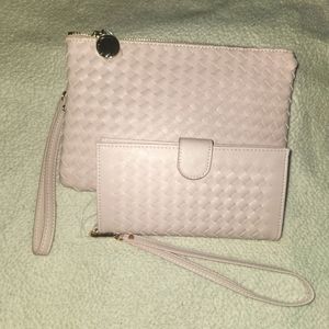 NWT Ophelia Roe, Light pink woven wallet and pouch set.
